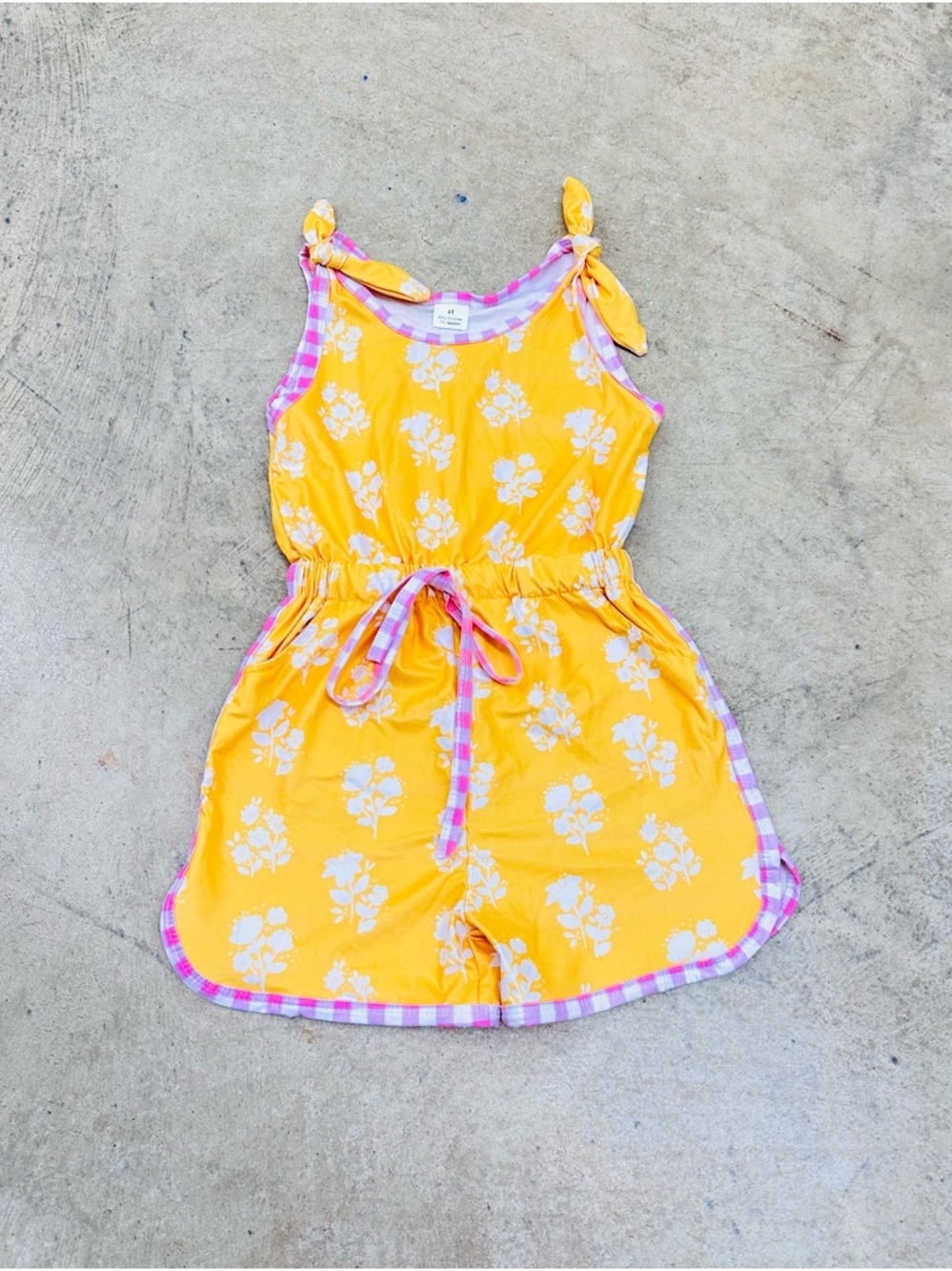 Girls' Yellow Floral Tie-Shoulder Romper with Gingham Trim